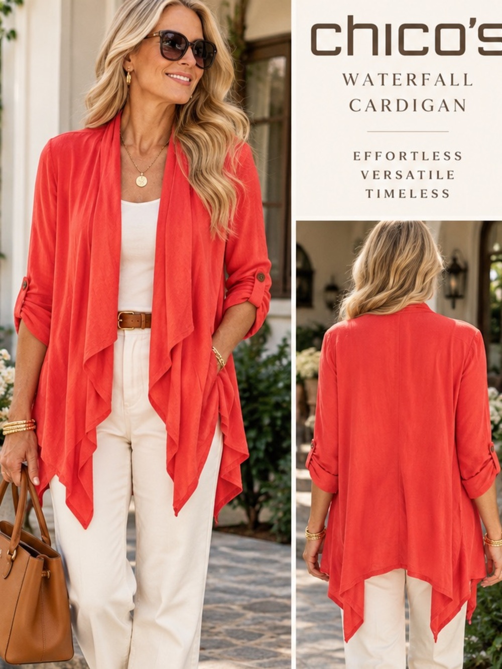 Chico’s Size 2 L Coral Waterfall Cardigan 100% Rayon Draped Open Front